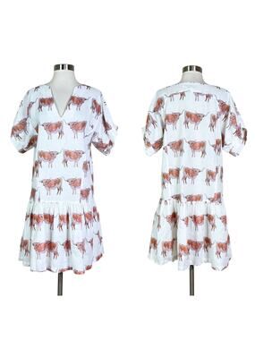 Brooke Wright | Ophelia Longhorn Steer Cow Print White Cotton Linen Mini Dress L